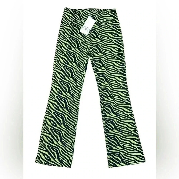 ZARA Zebra Print Jacquard Pants Green/Black Knit Sz S - Picture 2 of 14
